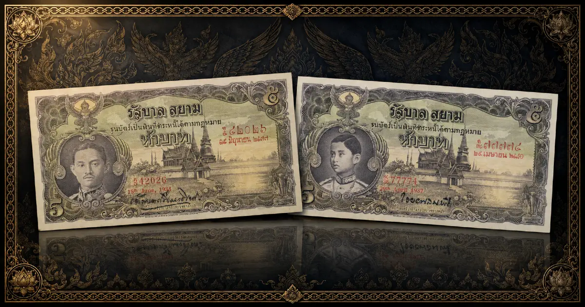Thailand Series 3 banknotes — 5 Baht issues featuring King Rama VII (dated 15 June 1934) and King Rama VIII (dated 29 April 1937), shown side by side against a Thai decorative background