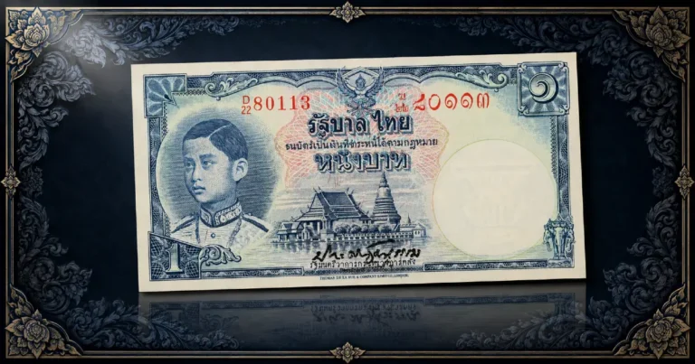Thailand Series 4 banknotes — 1 Baht De La Rue issue featuring King Rama VIII portrait and Wat Benchamabophit vignette