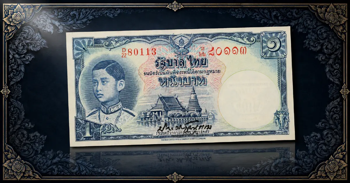 Thailand Series 4 banknotes — 1 Baht De La Rue issue featuring King Rama VIII portrait and Wat Benchamabophit vignette