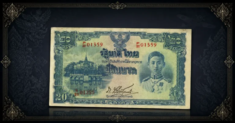 Thailand Series 5 banknotes — 20 Baht Japanese-printed issue featuring King Rama VIII portrait and Thai pavilion vignette