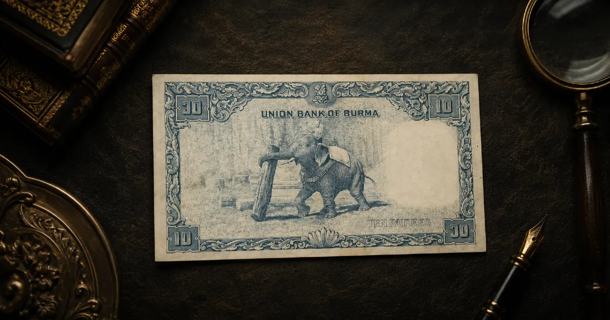 Union Bank of Burma banknotes — 10 Rupees reverse design showing a mahout riding a working elephant carrying a log, framed by intricate floral scroll borders, issued 1953