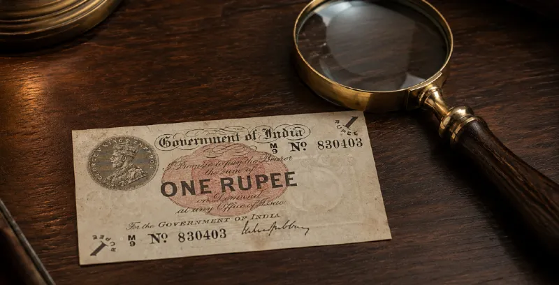 A vintage Government of India One Rupee banknote and a brass magnifying glass on a mahogany desk for our expert banknote guides